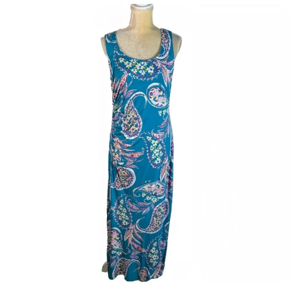 Spense blue paisley  floral maxi dress ruched sleeveless  size L womens